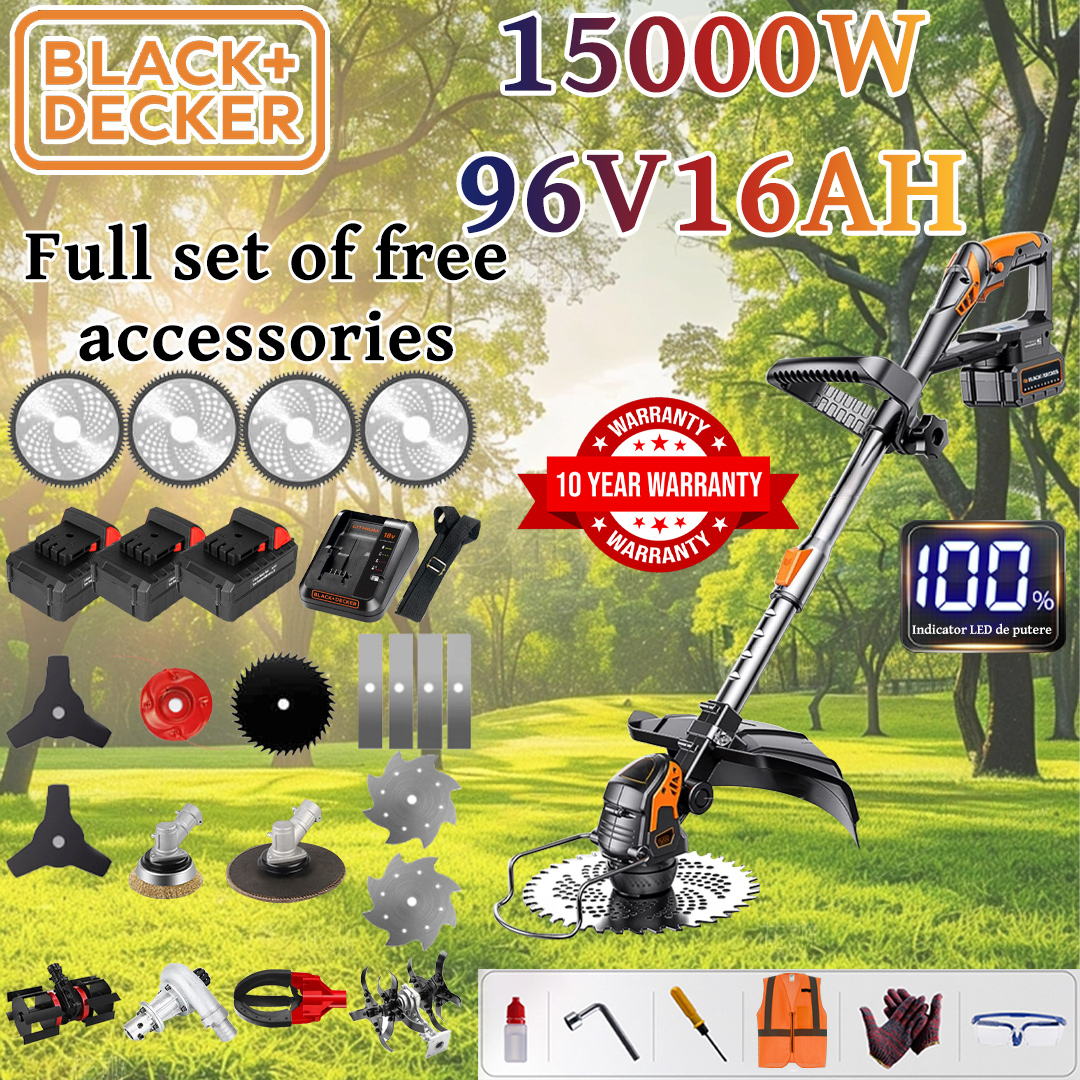 [Upgraded Luxury/Recommended Model] Lawn Mower (15000w96V16AH) + Power Display + Tillage Head*1 + Trenching Wheel*1 + Alloy Blade*4 + Alloy Saw Blade*4 + Alloy Cutting Head*1 + Triple-blade Knife*2 + Anti-blocking Blade*1 + Steel Knife*2 + Snow Removal*1 + Charger+Battery*3+Handle*1+Fruit Picker*1+Grinding Head*1+Sanding Head*1+Other Accessories+10 Years Warranty