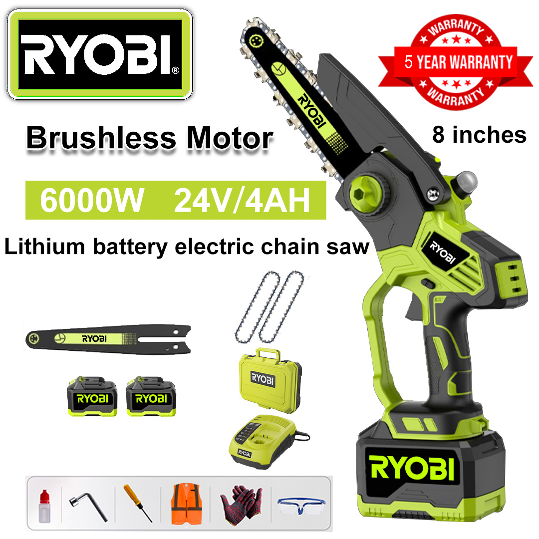 8 Inch Brushless Lithium Electric Saw, Power 6000W, 24V 4.0Ah Battery*2, Charger, Guide Plate*1, Chain*2, Tool Box, Lubricant and Goggles, Five Years Warranty