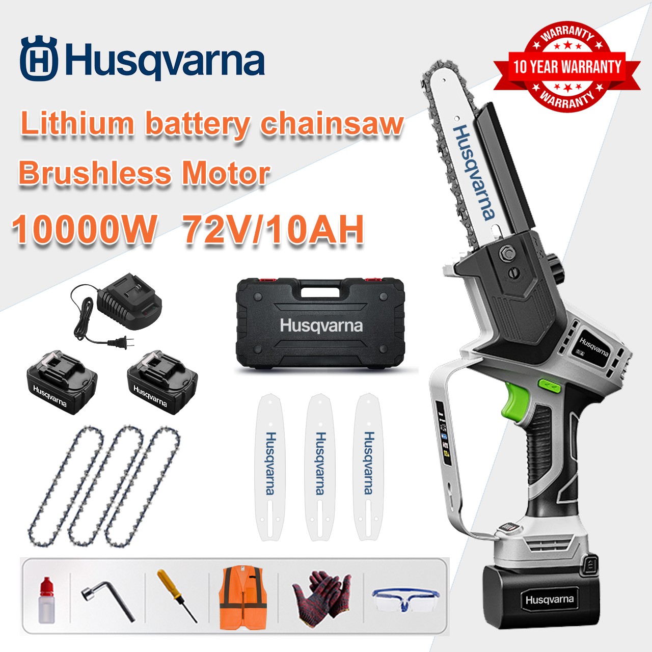 [Extended Model/10-Year Warranty] 10-Inch 10,000W Lithium Electric Chainsaw, 72V Battery*2, Charger, Guide Blade*3, Chain*3, Tool Box, Lubricant and Protective Glasses, All Powerful Motors for Efficient Stone Work