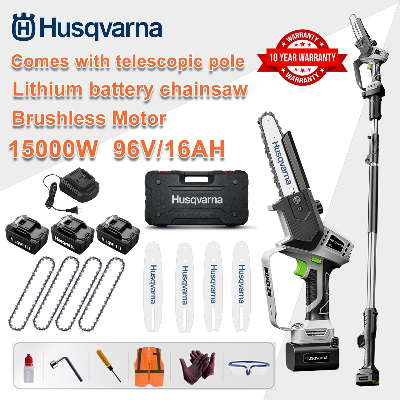 [Extended Model/10-Year Warranty] 10-Inch 15,000W Lithium Electric Chain Saw, 96V Battery*3, Charger, Guide Blade*4, Chain*4, Tool Box, Lubricant and Protective Glasses, All High-Efficiency Stone Powerful Motors (With Extension Pole)