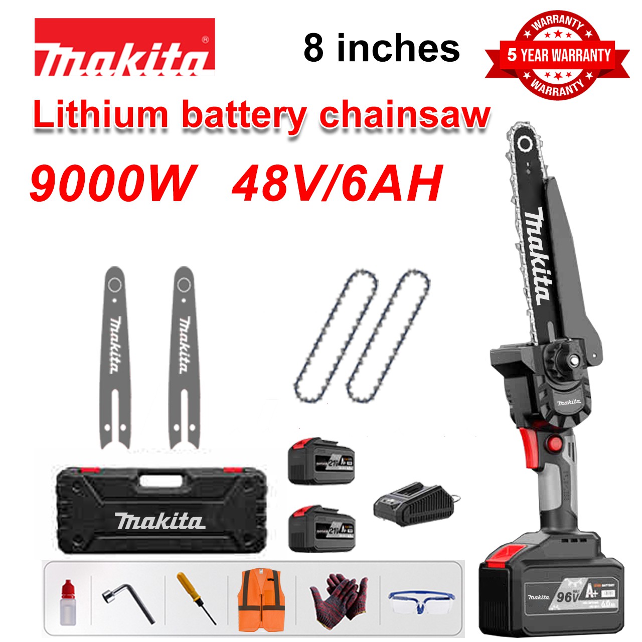 [Normal Model/5 Years Warranty] 8 Inch 9000W Lithium Electric Saw, 48V Battery*2, Charger, Guide Plate*2, Chain*4, Tool Box, Lubricating Oil, Goggles