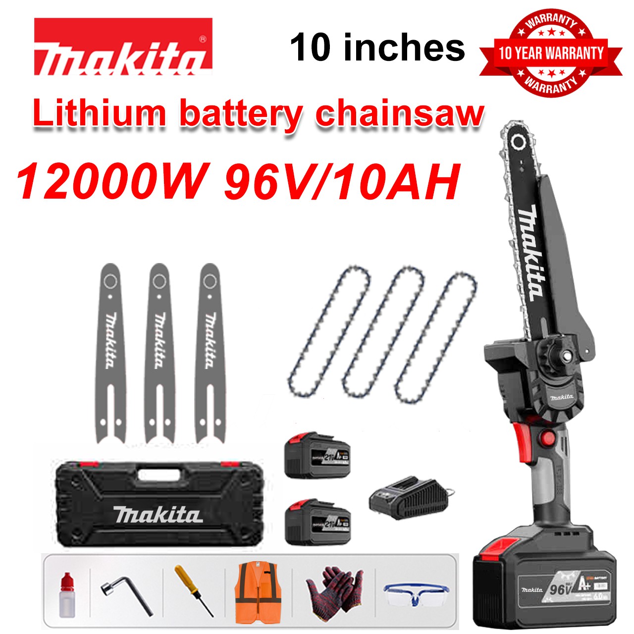 [Extended Version/10 Years Warranty] 10 Inch 12000W Lithium Electric Saw, 96V Battery*2, Charger, Guide Plate*3, Chain*3, Tool Box, Lubricating Oil and Goggles, Powerful Motor, Effective Stone Cutting