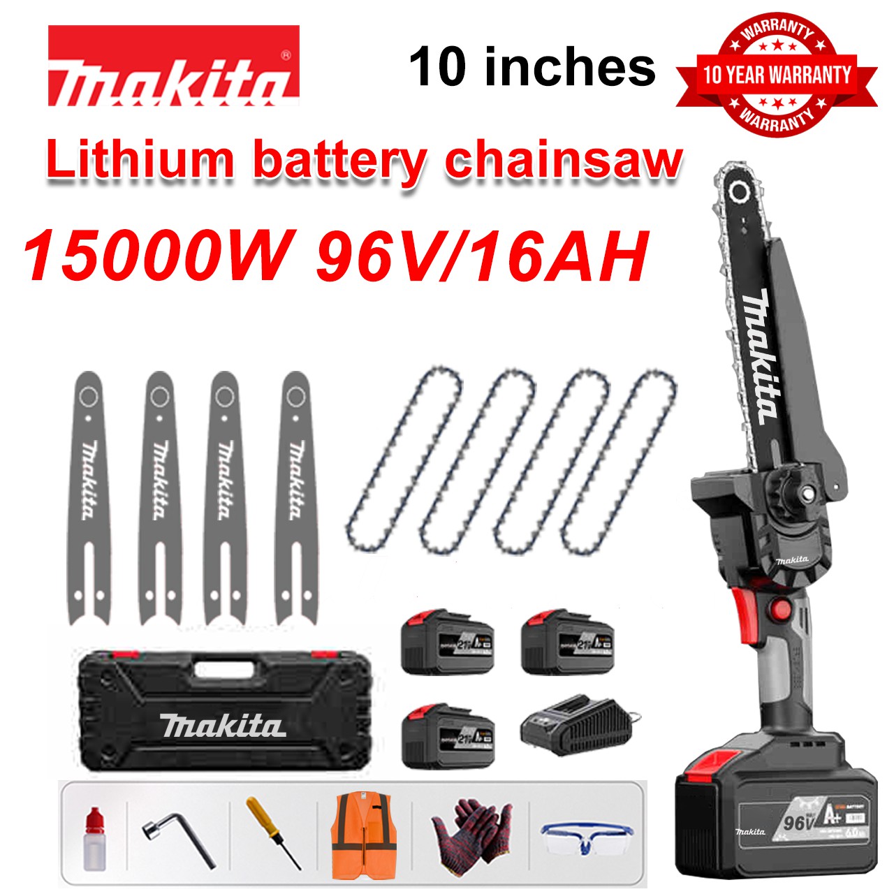 [Extended Model/10 Years Warranty] 10 Inch 15000W Lithium Electric Saw, 96V Battery*3, Charger, Guide Plate*4, Chain*4, Tool Box, Grease and Goggles, Powerful Stone Cutting Motor