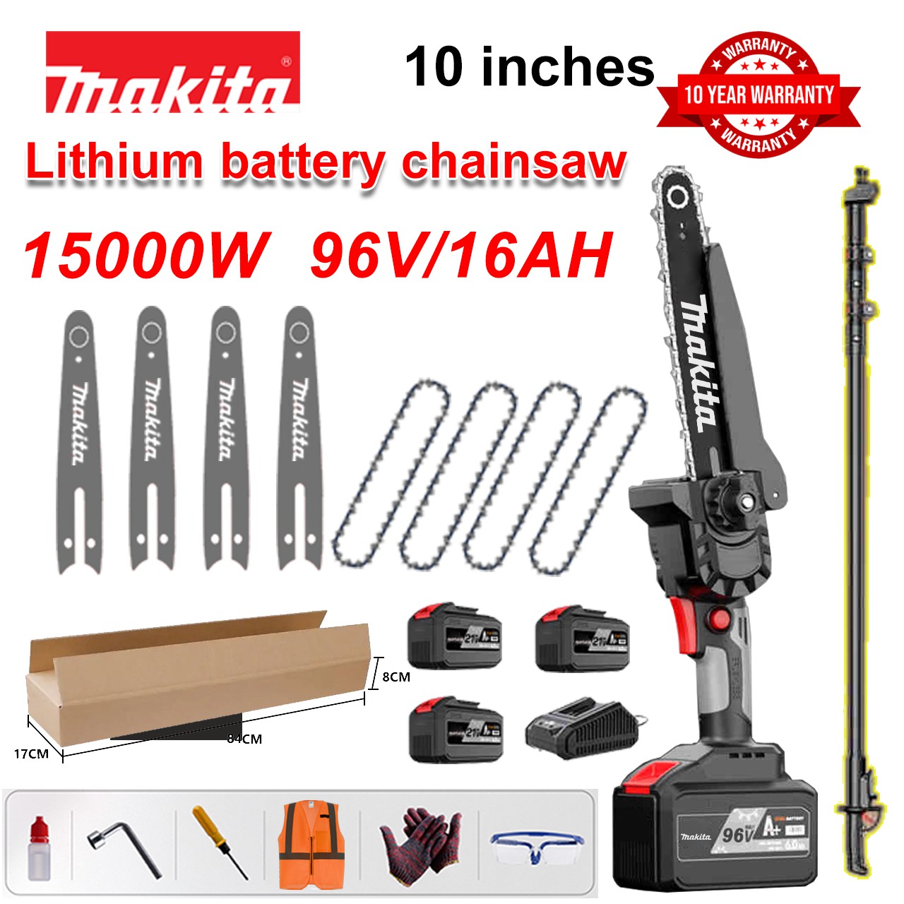 [With Telescopic Rod/10 Years Warranty] 10 Inch 15000W Lithium Electric Saw, 96V Battery*3, Charger, Guide Plate*4, Chain*4, Tool Box, Grease and Cups, Powerful Stone Cutting Motor