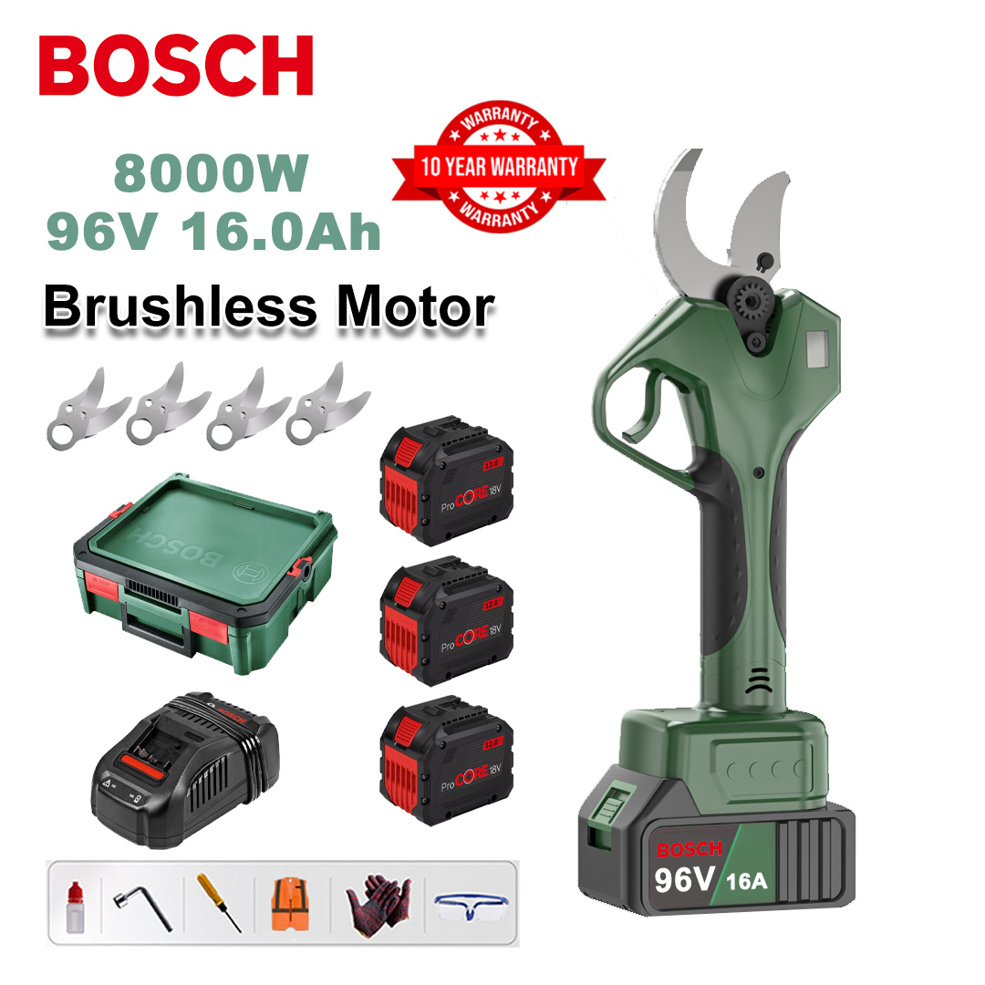 8000W brushless lithium battery pruning shears + 96V16Ah battery * 3 + sk9 alloy blade * 4 + charger + LED power display + tool box + lubricating oil + goggles + 10-year warranty